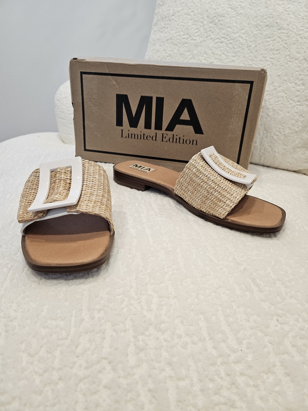 MIA Natural Woven Slide Sandals with White Buckle Accent